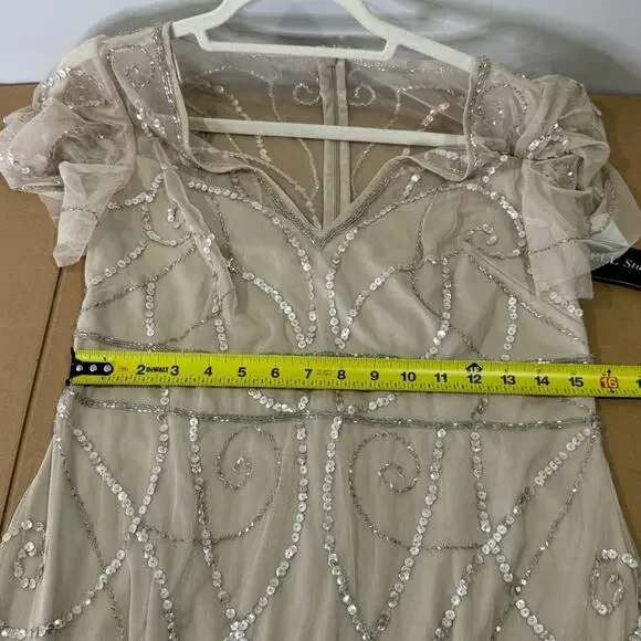 NWT Adrianna Papell Studio Beaded Sequin Long Gown Dress Biscotti Sz 12